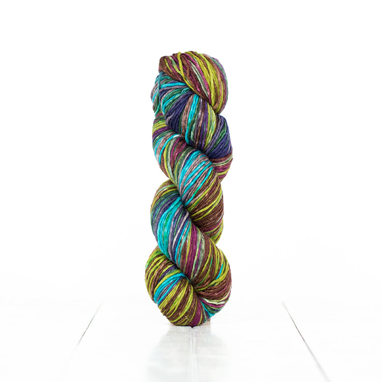 Color 6012, hand-dyed yarn in self-striping shades of dark purple, turquoise & green, and brown.