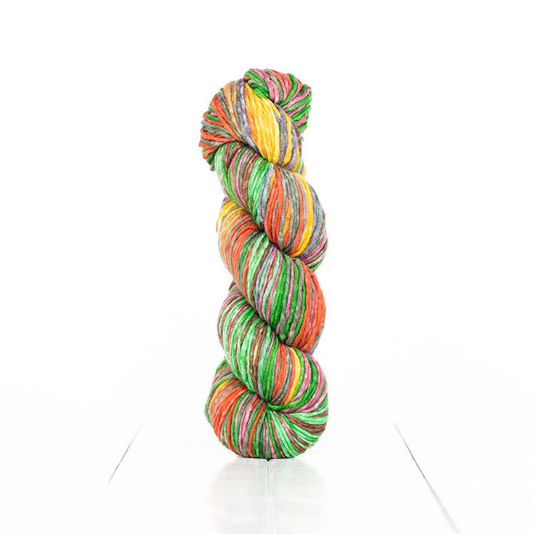 Color 6013, hand-dyed yarn in self-striping shades of green, yellow, orange, pink, brown, & grey.