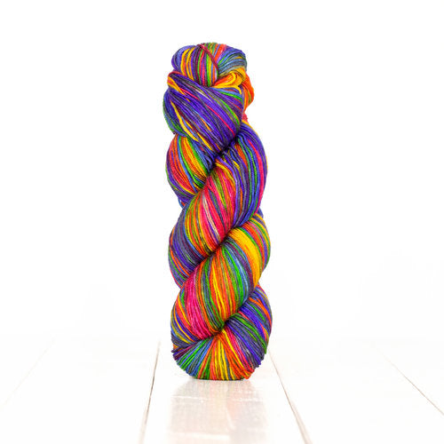 Color 3004: a hand-dyed self-striping wool yarn with purple, blue, red, orange, yellow, & green.