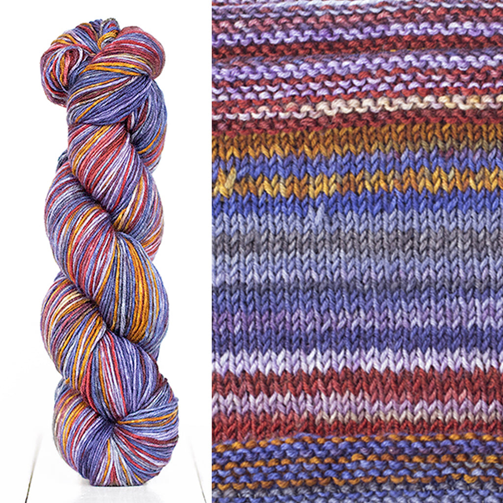 Color 3017: a hand-dyed skein of self striping wool yarn with purple, grey, brown, rust, and blue shades