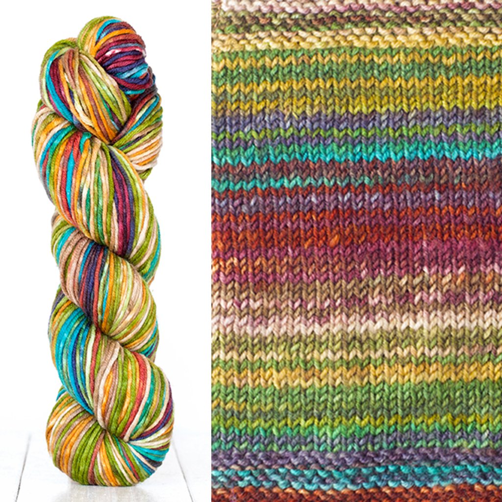 Color 4002: a hand-dyed skein of self striping wool yarn with yellow, red, green, tan, & blue.