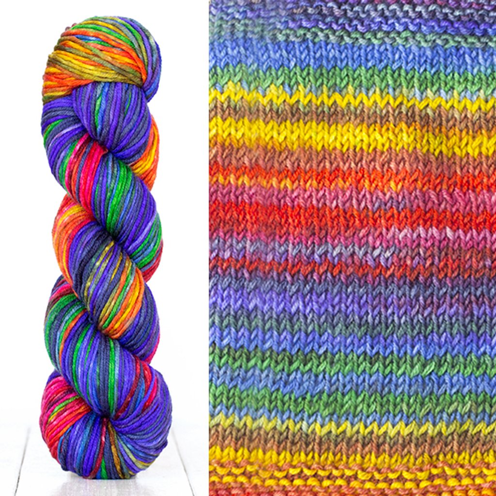 Color 4004: a hand-dyed skein of self-striping yarn with violet, blue, green, yellow, orange, & red