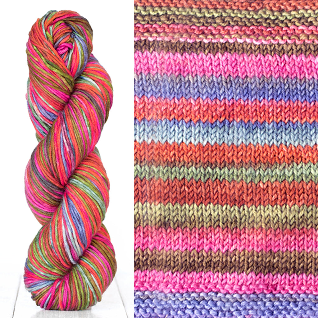 Color 4011: a hand-dyed skein of self striping wool yarn with pink, purple, red, and brown shades