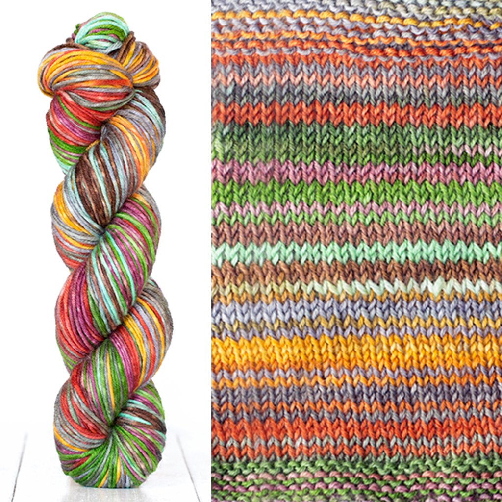 Color 4013: a hand-dyed skein of self striping wool yarn with green, orange, yellow, brown, &  pink