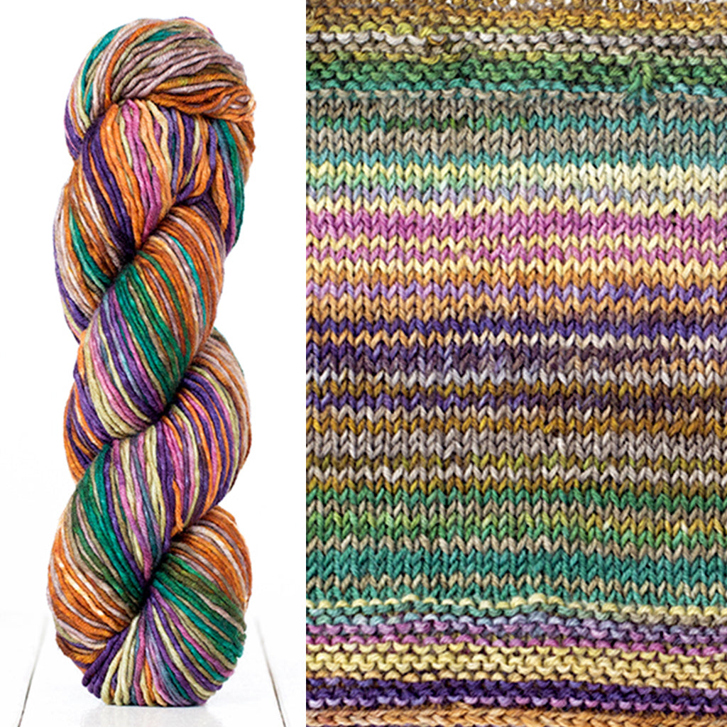 Color 4019: a hand-dyed skein of self striping wool yarn with purple, yellow, green, and white shade