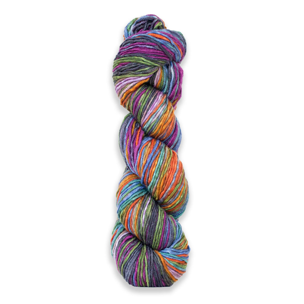 Uneek Worsted color 4020, knits into a purple, grey, cornflower blue, grey, and orange cowl.