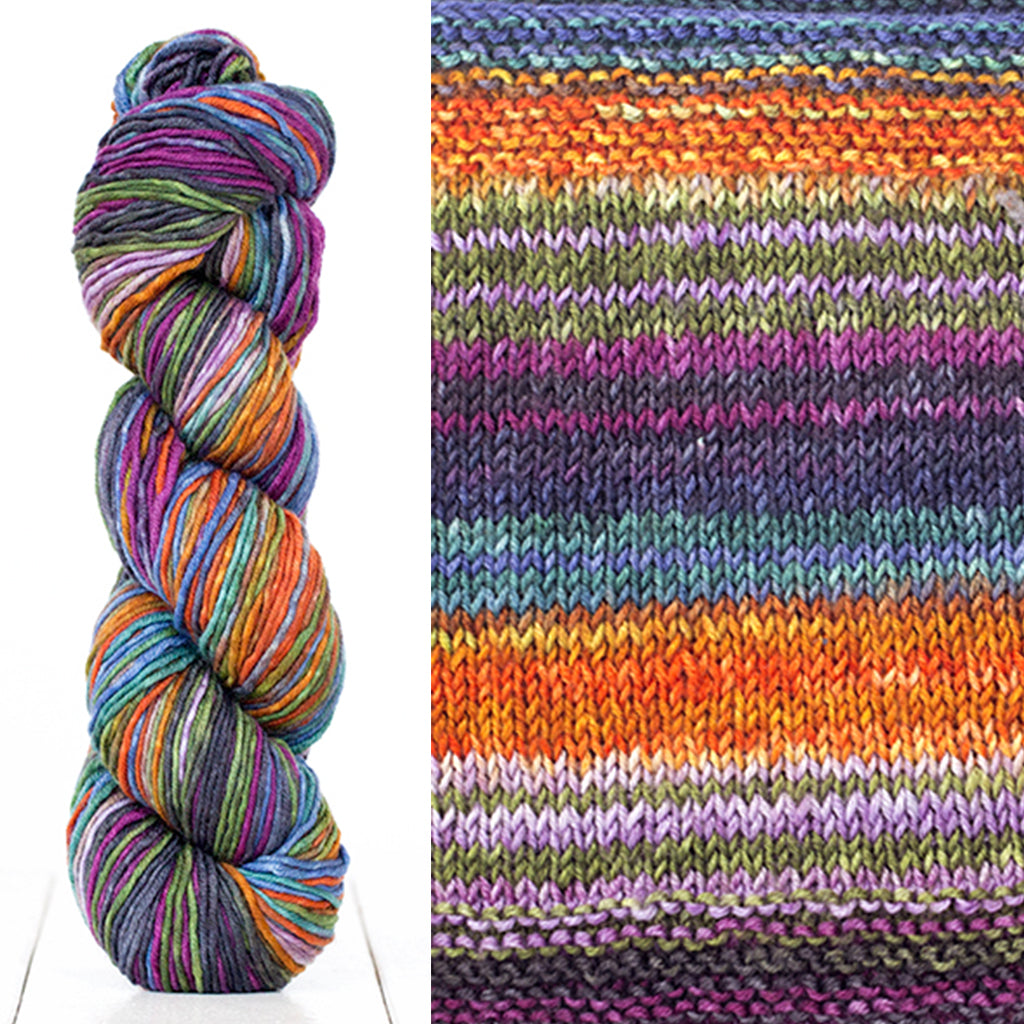 Color 4020: a hand-dyed skein of self striping wool yarn with purple, orange, blue, & olive green.