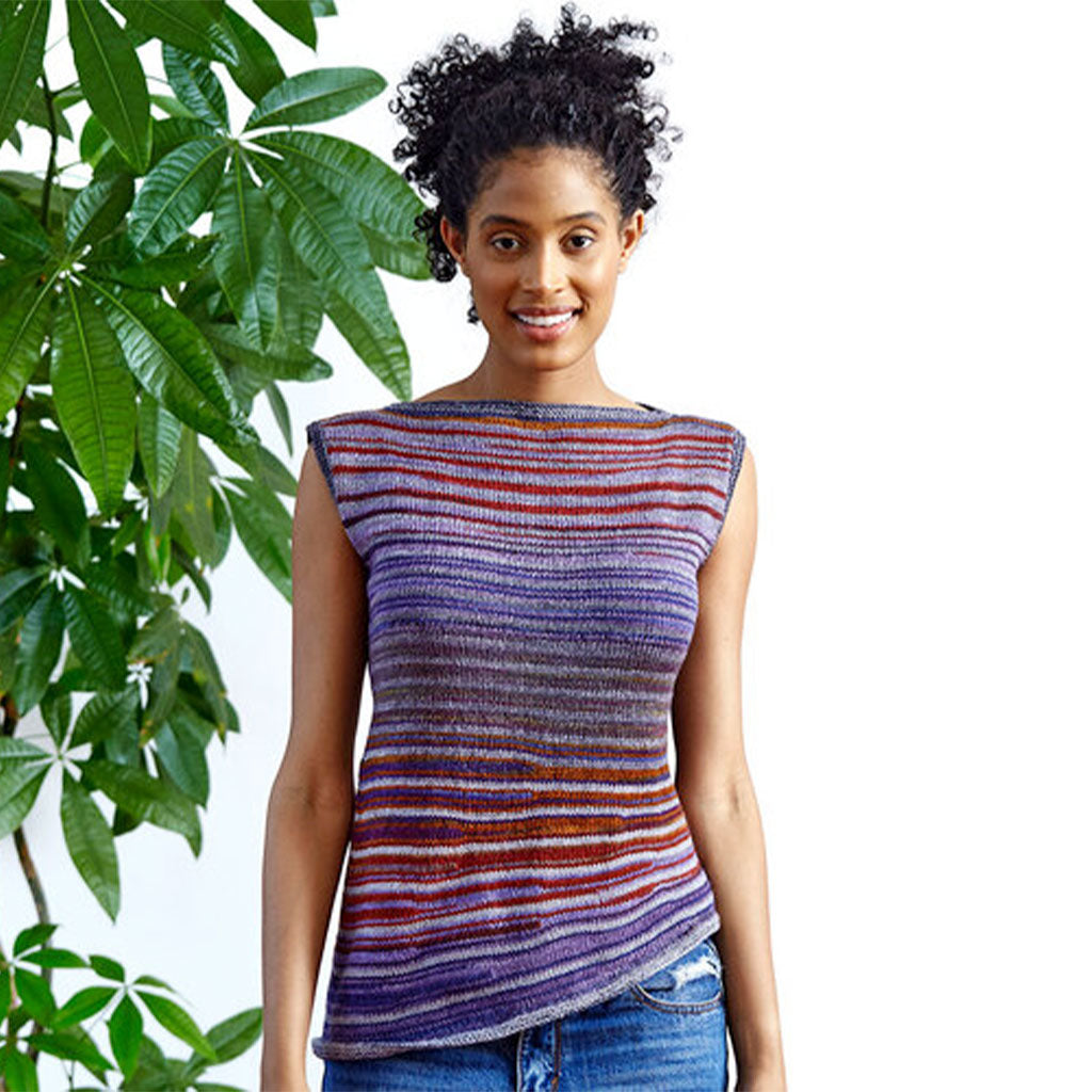 The front of Urth Yarns' Melting Pot Tank knit in the color option 6017 + 6064 (Adrienne's Choice).