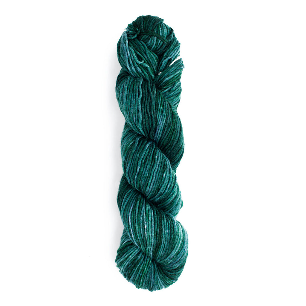 A twisted hank of Monokrom Worsted in the color 4065, monochromatic shades of forest green.