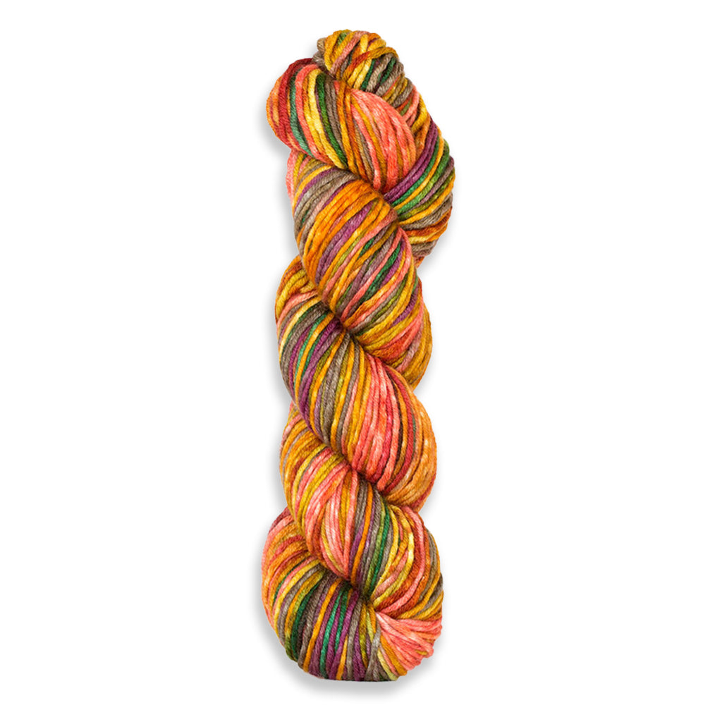 Uneek Worsted color 4008, knits into a warm toned peach, orange, yellow, purple, green, & grey cowl.