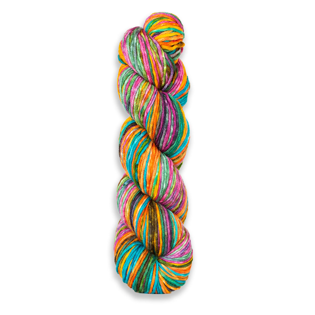 Uneek Worsted color 4010, knits into a summery orange, cyan, green, and pink cowl.