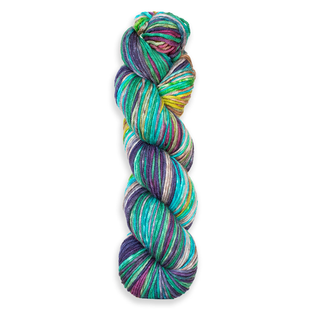 Uneek Worsted color 4012, knits into a oceanic cyan, mint, purple, green, tan, and grey cowl.