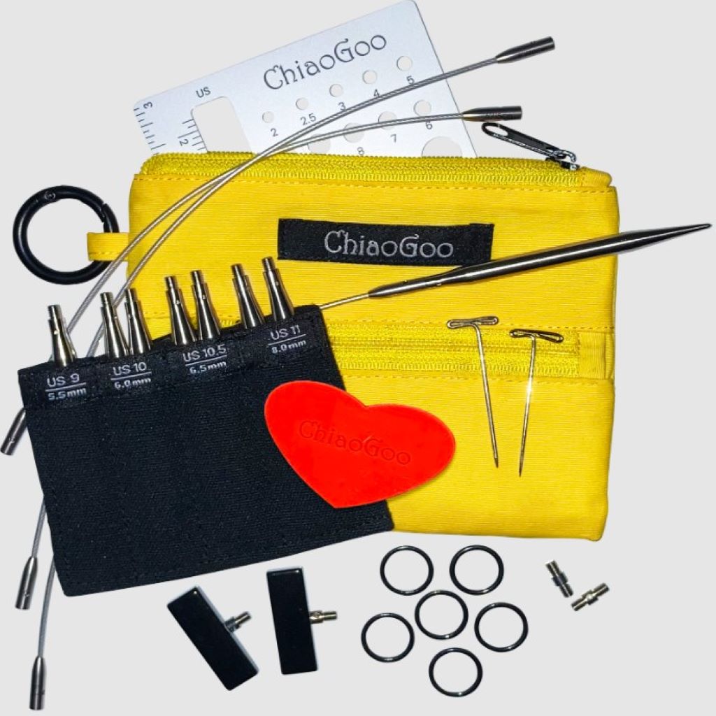 Large Chiaogoo Twist Shorties set with silver SWIV360 cables in a yellow pouch with accessories 