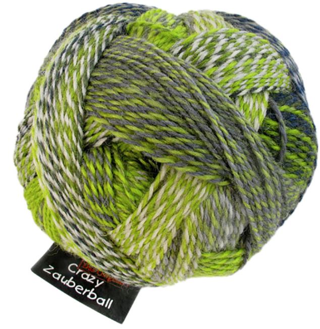 Color 2204 Green Week. A multi colored ball of yarn in greys, and grass green 