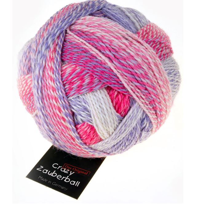 Color 2254 Cloud No. 8. A bright bubblegum pink, silvery white and light purple ball of yarn