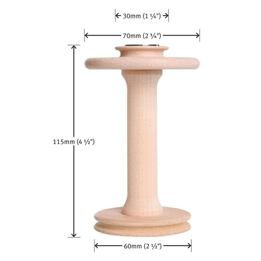 Ashford High Speed Bobbin dimensions, 4 1/2 in tall, 2 3/4 in across the top end, 2 1/2 in across the whorl end