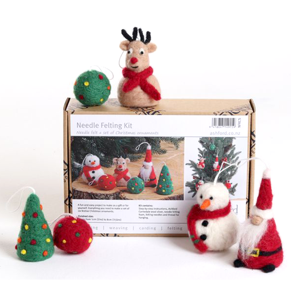 Needle Felted Christmas Ornament Kit. One reindeer, snow man, santa, tree, and two balls.