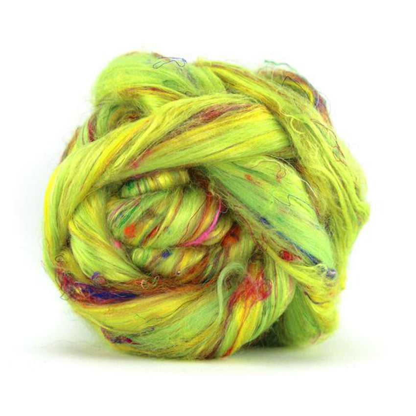 Aurora, a combed top consisting of chartreuse merino, and silk, and bamboo tweed.