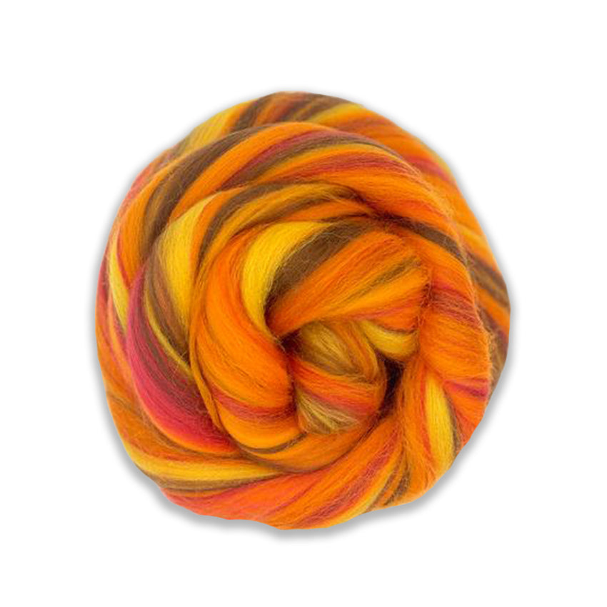 Color Blaze. A multi colored merino blend of orange, pink, yellow, and brown shades.