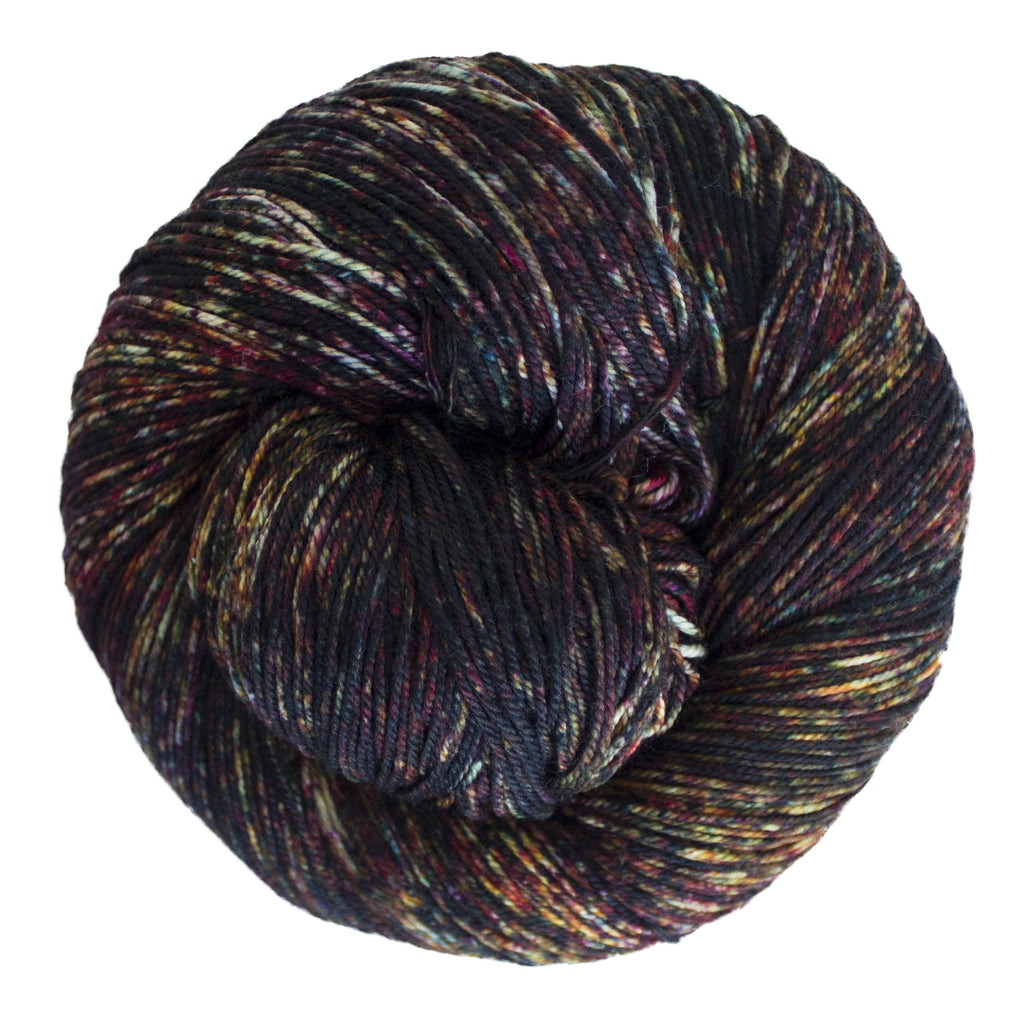 Malabrigo Sock Yarn in Mask - a speckled colorway with purple, yellow and magenta