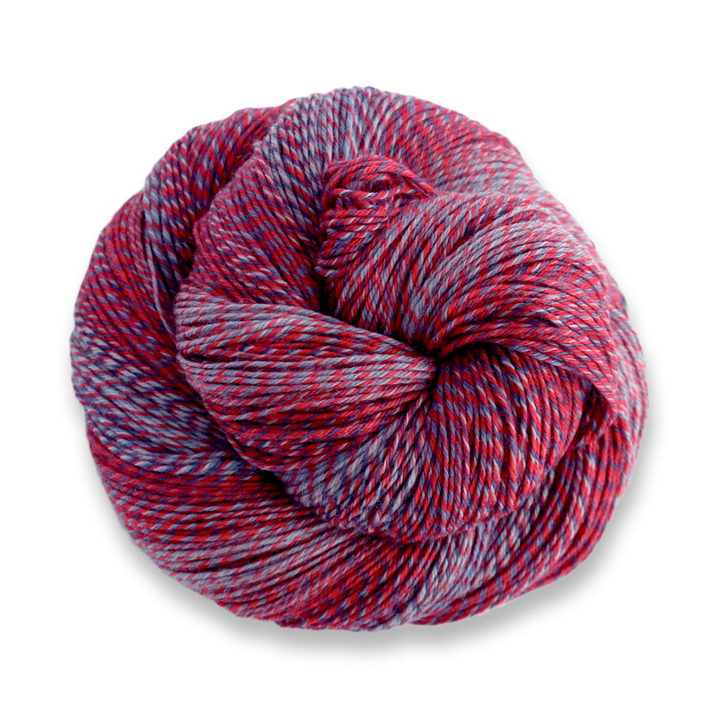 Heritage Wave in the color Boston 510, a marled red, grey, and blue sock yarn