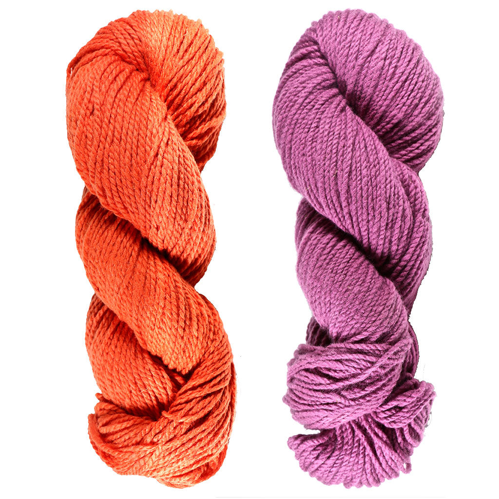 Mt. Vernon Kettle Dyed 3-Ply DK Yarn. 100% U.S.A. Wool From Cestari Farm. One orange and one purple.