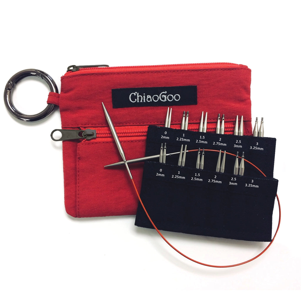Mini Chiaogoo Twist Shorties set with red cables in a red pouch