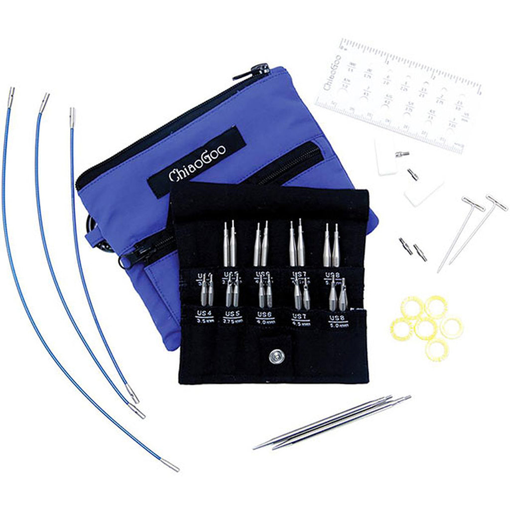 Small Chiaogoo Twist Shorties set with blue X-flex cables in a blue pouch with accessories 