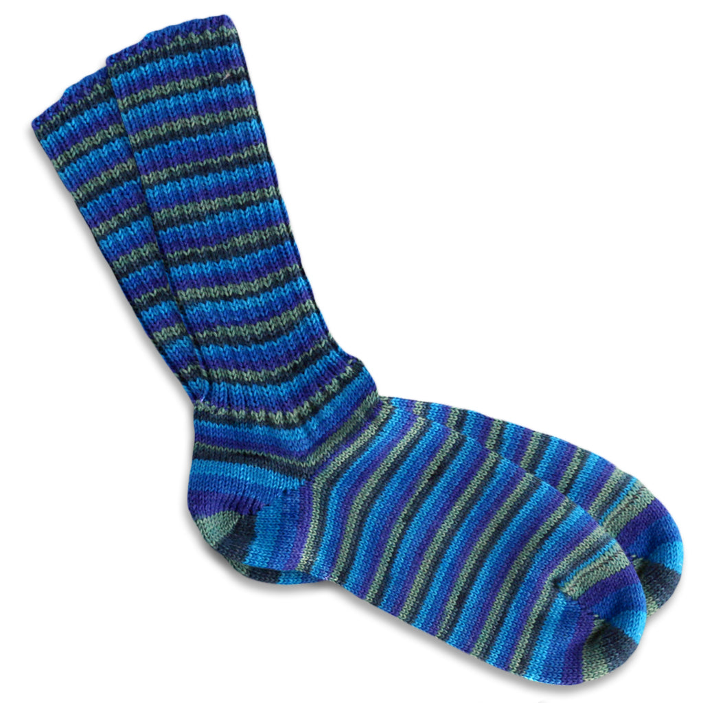 Color 2695. A mint, hunter green, turquoise, and true blue striped OnLine Mountain Color Wool Socks.