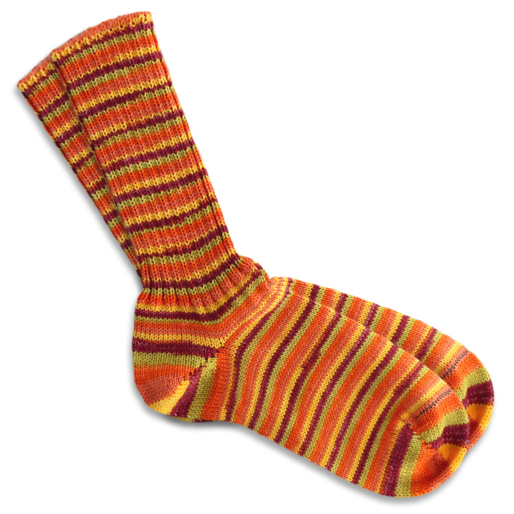 Color 2699. A yellow, red, gree, and orange striped OnLine Mountain Color Wool Socks.
