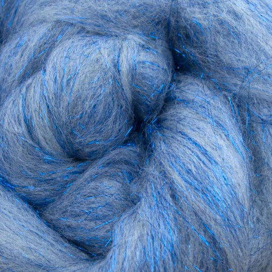 Color White and Blue. White merino wool blended with blue stellina fiber. 