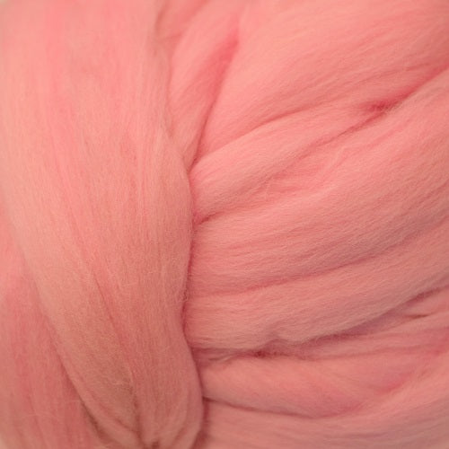 Color Flamingo. A light medium pink shade of solid color merino wool top.