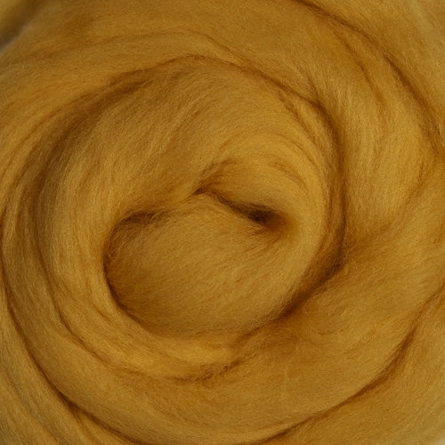 Color Gold. A medium yellow orange shade of solid color merino wool top.