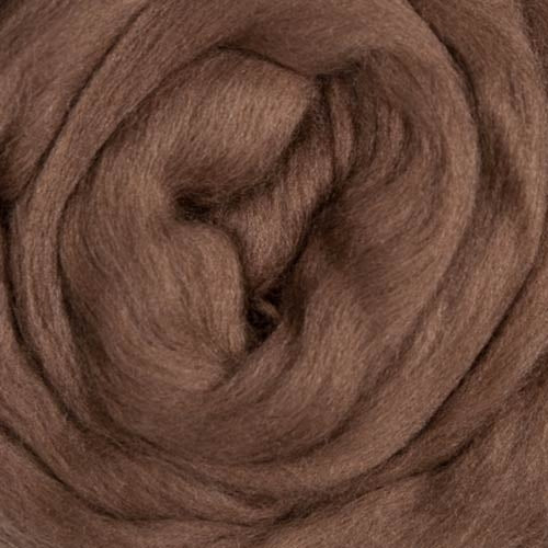 Color Mocha. A medium brown shade of solid color merino wool top.