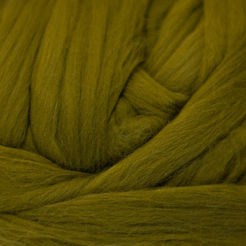 Color Olive. A medium green shade of solid color merino wool top.