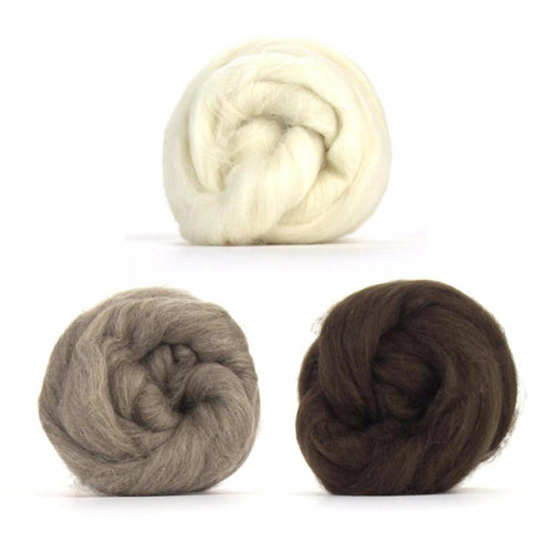One bleached white, natural light and dark brown de-haired yak down top spinning fiber