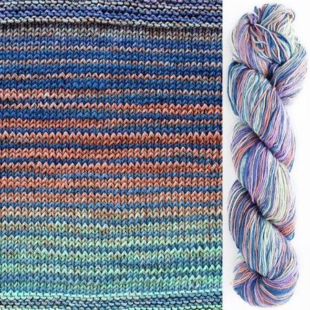 Uneek Cotton color 1073, stripes in shades of blue, mint, coral, and grey.