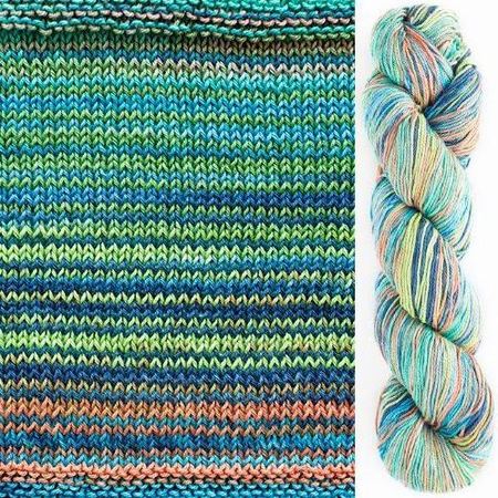 Uneek Cotton color 1081, stripes in shades of green, blue, and orange.