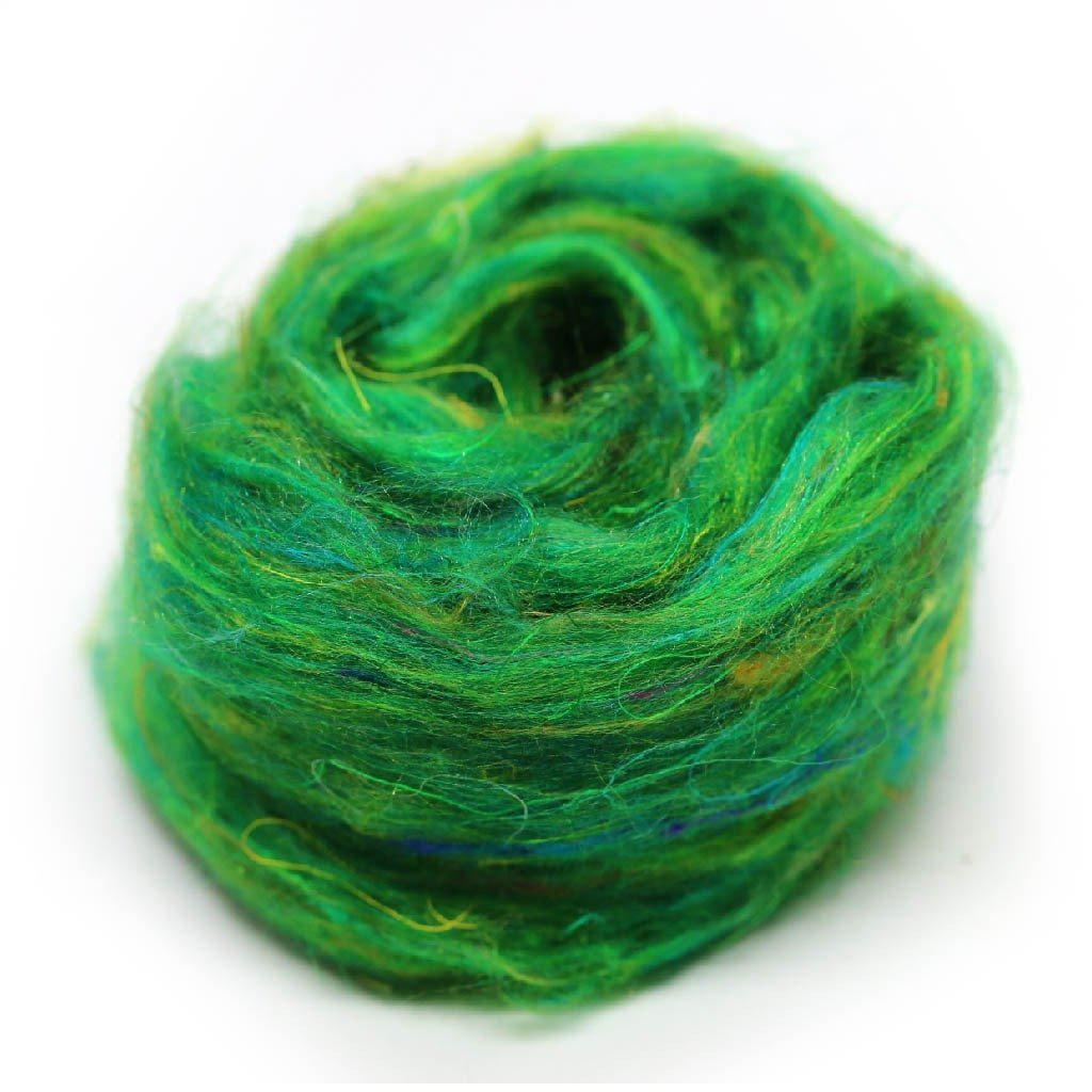 Green Recycled Sari Silk Roving.