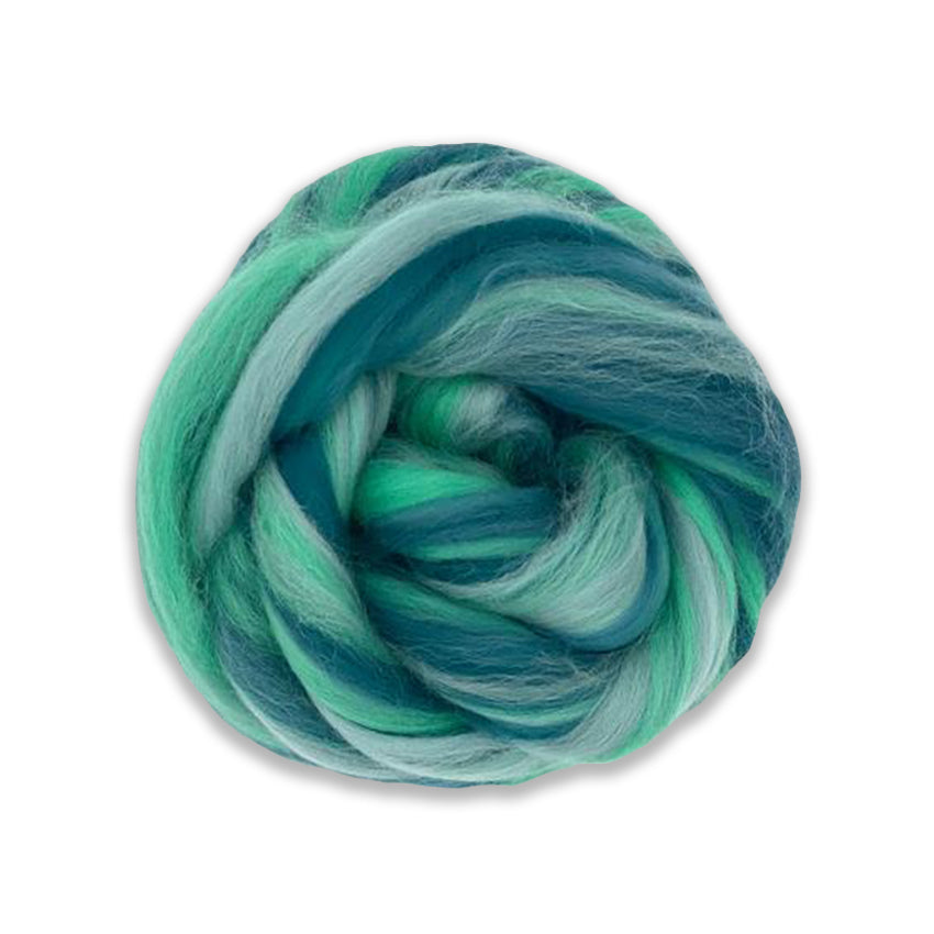 Color Harmony. A multi colored merino blend of mallard, leaf, sage, and grass green shades.
