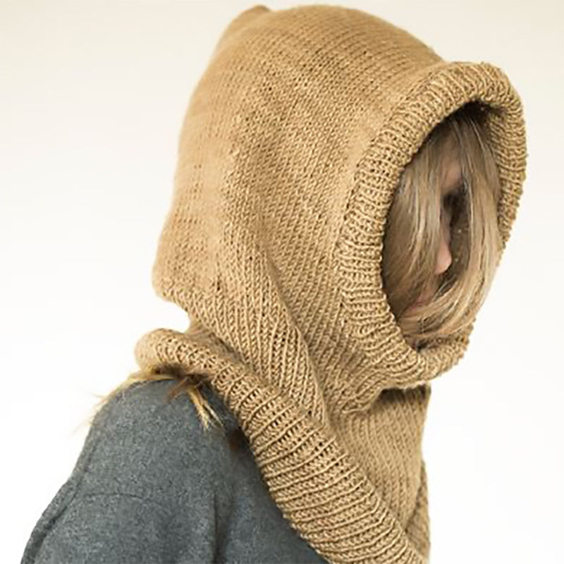 A warm, cozy, wool Hooded Cowl by Urth Yarns knit out of Harvest Worsted hand-dyed with Hazelnuts.