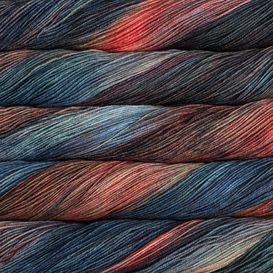 Malabrigo Sock Yarn in Pocion - a variegated blue, pink and grey colorway