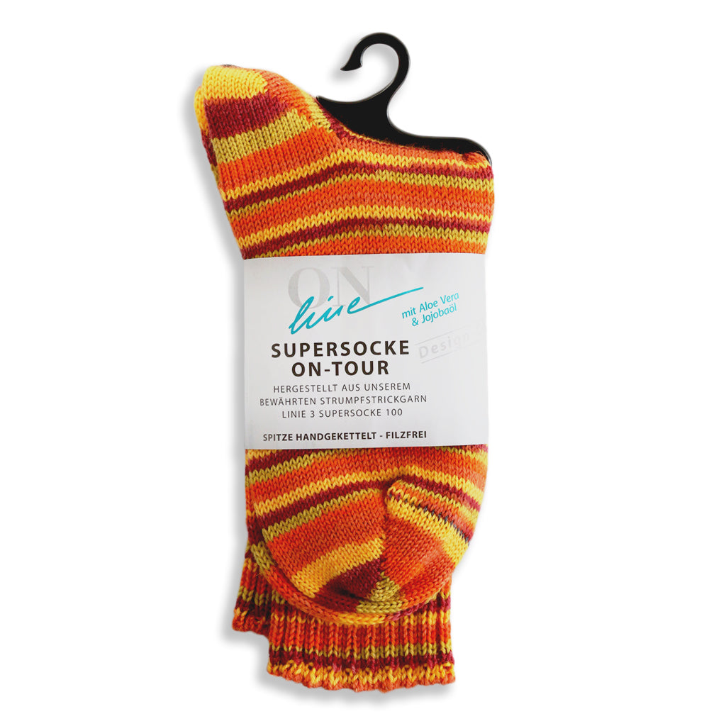 Color 2699. An orange, yellow, red and green striped OnLine Mountain Color Wool Socks.