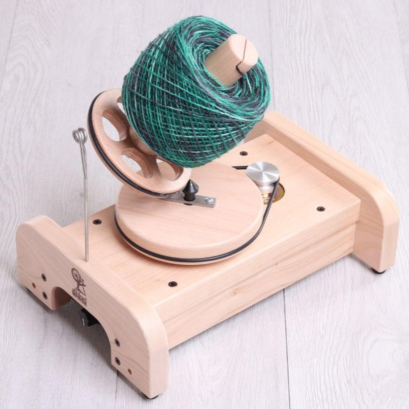 The new e-ball winder by Ashford New Zealand fully set up with yarn and ready to use.