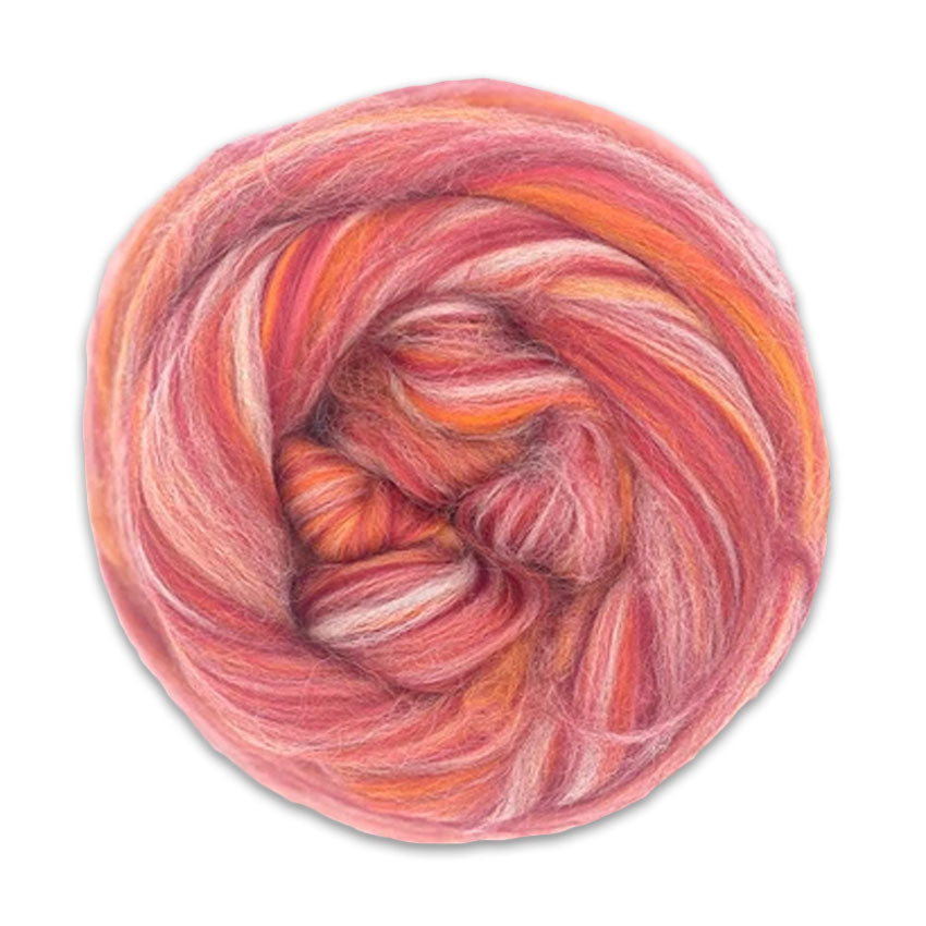 Color Bonnie Bee. A tonal red, orange, and white bamboo and merino spinning fiber blend.