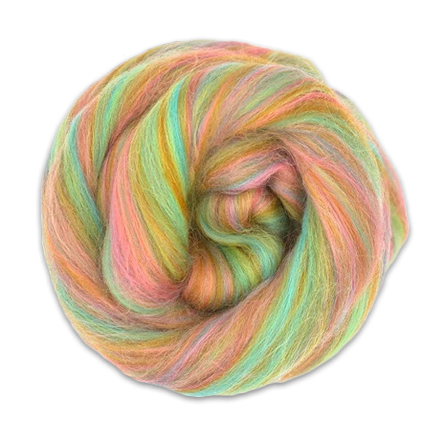 Color Higglety Pigglety. A tonal green, pink, and orange bamboo and merino spinning fiber blend.