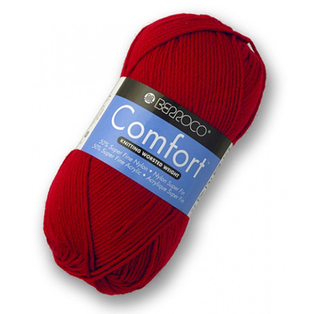 A red skein of Berroco comfort worsted yarn.