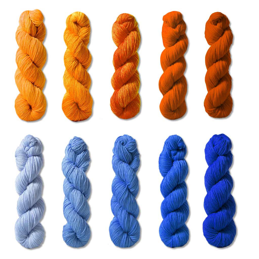 10 gradient skeins of Gusto Wool Core Fingering Yarn