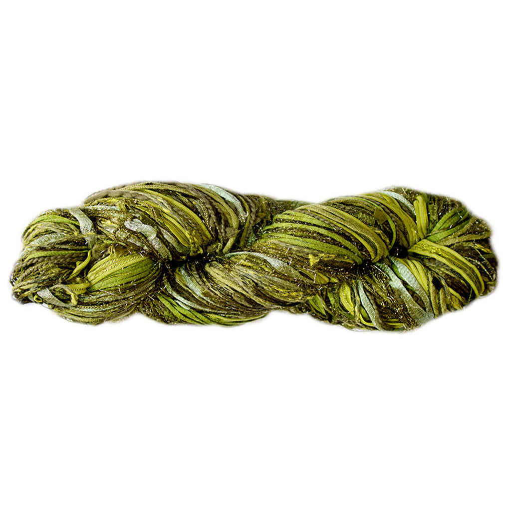 Color 512, a skein of rustic green yarn, full of texture and sparkle.