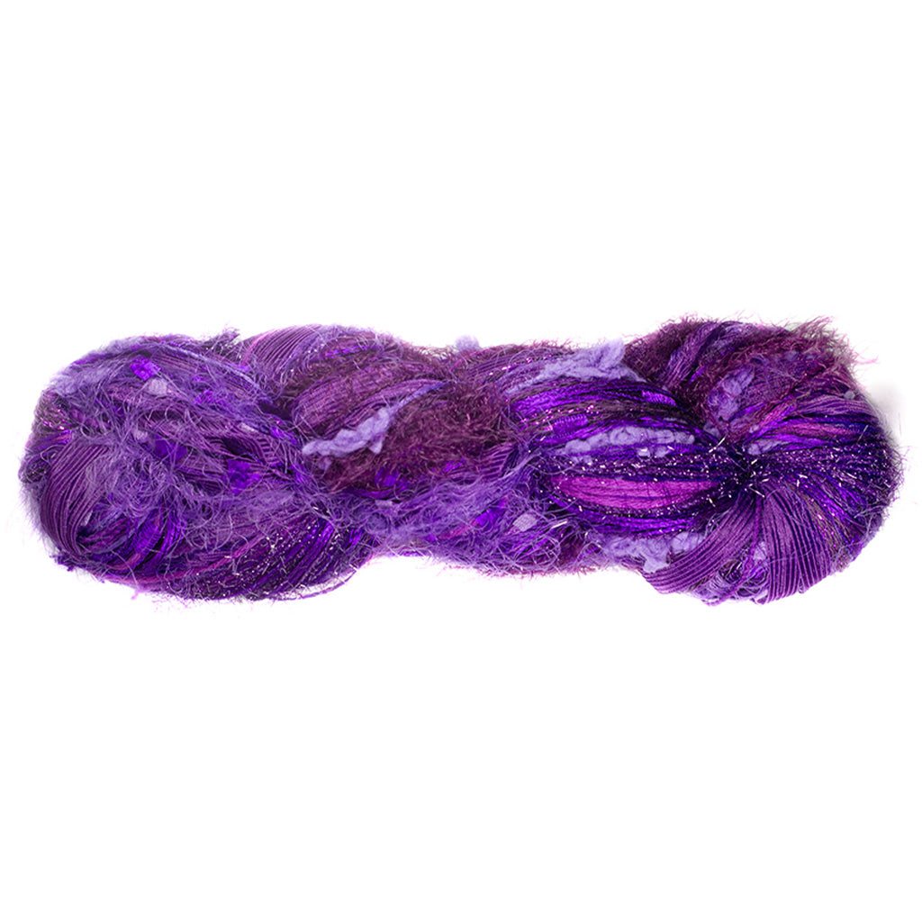 Color 525, a skein of deep purple yarn, full of texture and sparkle.